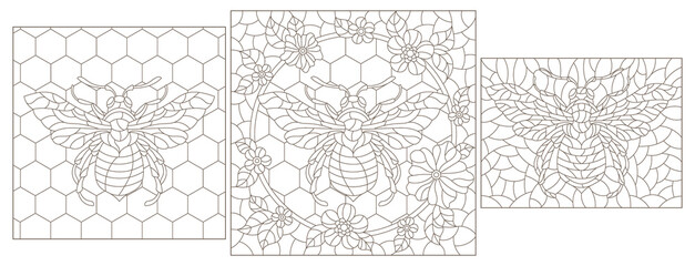 Set of contour illustrations in the style of stained glass with abstract bees, dark outlines on a white background