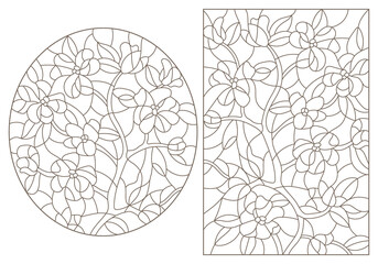 A set of contour illustrations in the style of stained glass with abstract flowers, dark contours on a white background