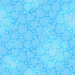 Seamless pattern with abstract cracked hearts, light contoured hearts on a blue background