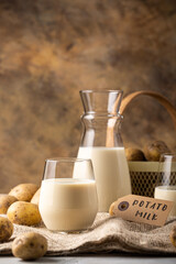 Vegan potato milk in glass and potato on brown background. Plant based milk replacer and lactose free concept with copy space and text