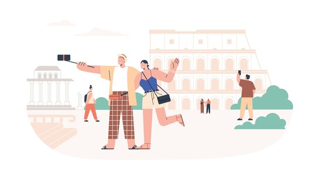 Tourists couple taking selfie photo with landmarks on holiday travel to Rome. Man and woman going sightseeing in summer tour. People in trip. Flat vector illustration isolated on white background