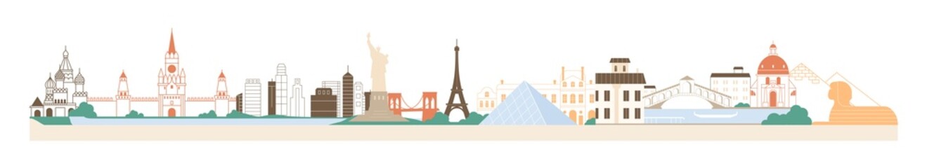 Famous world landmarks panorama. Global cityscape with architecture, buildings of different cities, countries. Travel, trip and tourism. Colored flat vector illustration isolated on white background