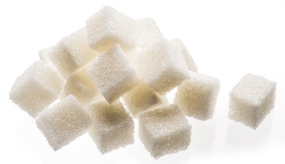 White sugar cubes on white background. Macro picture.