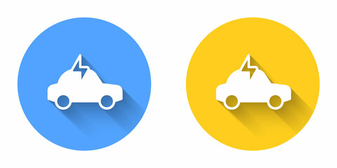 White Electric car and electrical cable plug charging icon isolated with long shadow background. Renewable eco technologies. Circle button. Vector