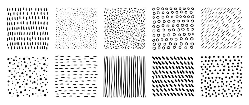 Hand drawn abstract vector textures. Minimal dotted and striped graphic patterns for creative design