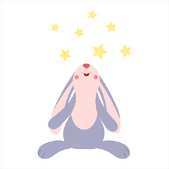 A cartoon character, a hare or a rabbit looks at the top, around the star. Vector isolated on a white background