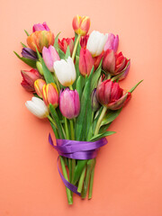 Colorful bouquet of tulips on white background. - obrazy, fototapety, plakaty