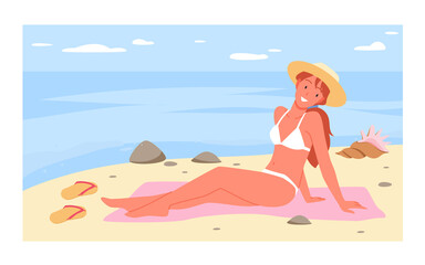 Girl sitting on tropical sea beach and sunbathing summertime vector illustration. Cartoon young adult woman tourist wearing swimsuit and hat, cute happy lady relaxing on summer vacation background