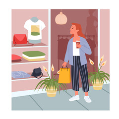 Young woman shopping on sales vector illustration. Cartoon girl holding coffee cup and bag with purchases, standing at window of retail clothing store, lifestyle scene on city street background