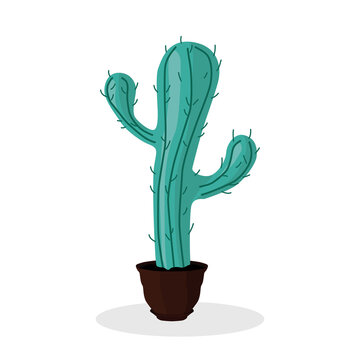 Cactus. A green cactus in a brown pot. A houseplant. Vector illustration isolated on a white background for design and web.