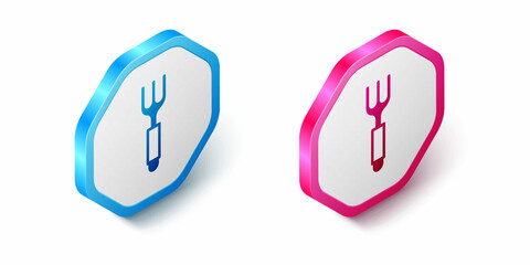Isometric Fork icon isolated on white background. Cutlery symbol. Hexagon button. Vector