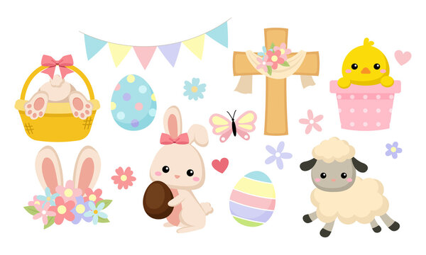 Cute spring Easter bunny decoration clipart set. Flat vector cartoon design