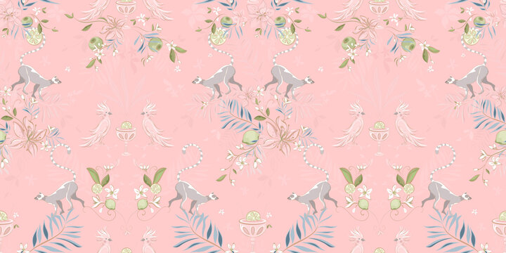 Pink coctail party pattern . Parrots, exotic birds and lemurs on pink pastel background