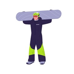 Man holding snowboard portrait. Snow board rider in helmet and glasses. Winter tourist, snowboarder in sports outfit, ready for extreme activity. Flat vector illustration isolated on white background