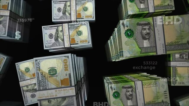American Dollar and Bahrain Dinar money exchange. Banknotes pack bundle. Concept of trade, economy, competition, crisis, banking and finance. Notes loopable seamless 3d.