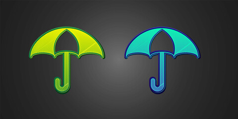 Green and blue Umbrella icon isolated on black background. Insurance concept. Waterproof icon. Protection, safety, security concept. Vector