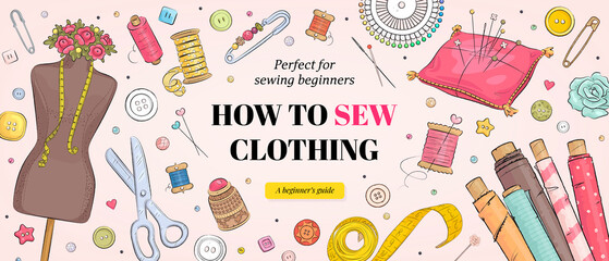 Sewing course for beginners banner template. Hand drawn illustration of sewing tools