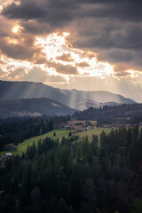 houses in the mountains at sunset, Ukrainian mountains, Carpathians