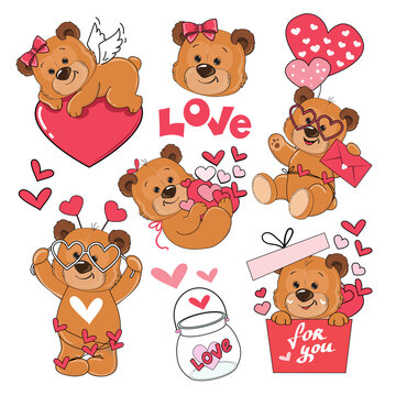 Cute set with cartoon teddy bears and heart on a white background isolated. Vector illustration for Valentine's Day and birthday