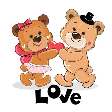 Two teddy bears in love hold a heart. Vector cartoon illustration. Valentine's day card
