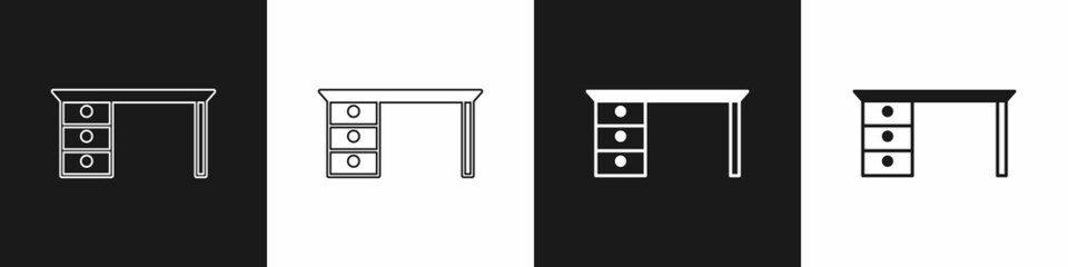 Set Office desk icon isolated on black and white background. Vector
