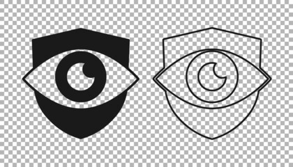 Black Shield and eye icon isolated on transparent background. Security, safety, protection, privacy concept. Vector