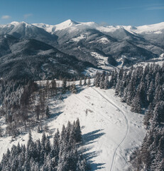 winter mountains of the carpathians, view from a drone. Christmas trees in the snow Ukraine