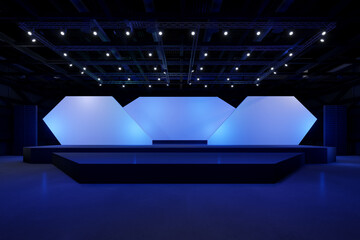 Empty stage Design for mockup and Corporate identity,Display.Platform elements in hall.Blank screen system for Graphic Resources.Scene event led night light staging.3d Background for online.3 render.