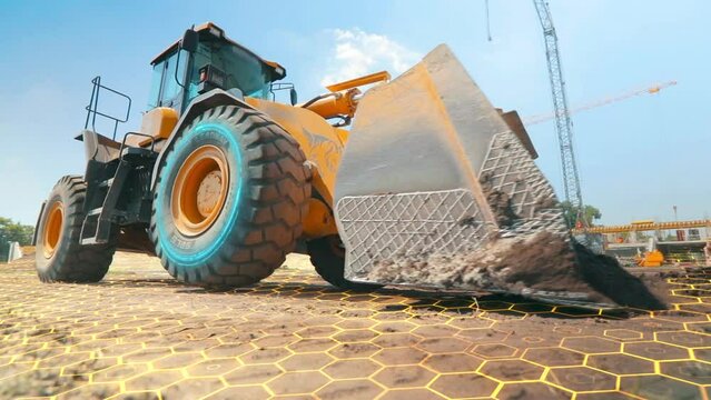 Bulldozer with HUD elements at a construction site. Modern bulldozer with animated graphics. Virtual reality concept at construction site