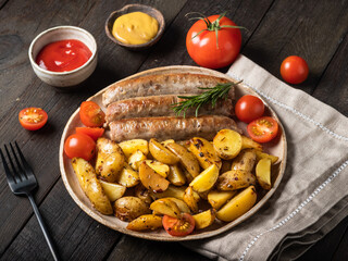 Baked sausages (kupaty), cooked of  catfish, with potatoes, tomatoes with mustard sauce and tomato sauce in a round plate on wooden table in rustic style.