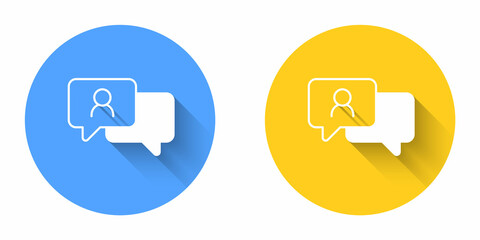 White Speech bubble chat icon isolated with long shadow background. Message icon. Communication or comment chat symbol. Circle button. Vector