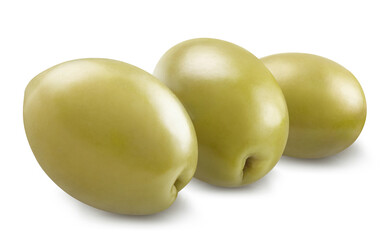 Three delicious green olives, isolated on white background