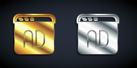 Gold and silver Advertising icon isolated on black background. Concept of marketing and promotion process. Responsive ads. Social media advertising. Long shadow style. Vector