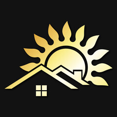 Golden house and sun. Symbol for a construction company