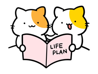 ライフプランを確認するかわいいねこカップルのキャラクターの手書き風イラスト