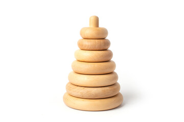 wooden pyramid, wooden toys on a white background,