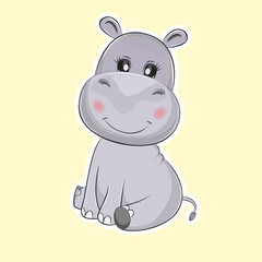 Cute cartoon smiling hippopotamus baby on a light background.