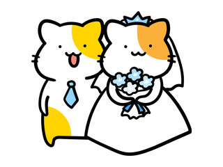 結婚式を挙げるかわいいねこのキャラクターの手書き風イラスト