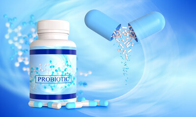 Medical background in blue tone, pharmaceuticals for digestion, plastic container jar with lid, probiotics food additives in capsules, 3d rendering