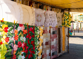 Malta, bazaar in the fishing village, fabrics
