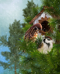 New year christmas festive background, two sparrow birds sit near a birdhouse, feeders on a green spruce branch, snowfall, evening lighting, 3d rendering