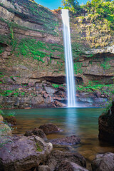 waterfall falling streams from mountain top with reflection from different perspective