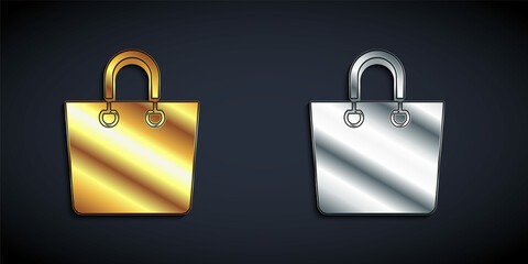 Gold and silver Paper shopping bag icon isolated on black background. Package sign. Long shadow style. Vector
