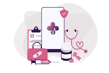 Online healthcare flat illustration. Online medical consultation and treatment via app smartphone or computer connected internet clinic. Online ask doctor consultation technology in mobile vector.	