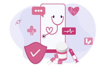 Online healthcare flat illustration. Online medical consultation and treatment via app smartphone or computer connected internet clinic. Online ask doctor consultation technology in mobile vector.	