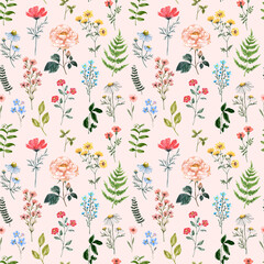 Summer blooming meadow seamless pattern on pastel pink background. Watercolor hand painted pretty yellow, pink, orange and blue wildflowers. Cute botanical print. Nursery wallpaper.