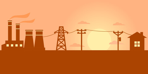 Power plant generates electricity to transmit electricity to electric poles and city home with twilight sun evening sunset silhouette shadow orange background flat vector design.