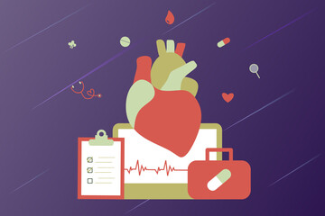 Modern heart medication, heart disease research concept. Cardiologist studying big heart model, drugs and heartbeat diagram. Vector illustration cardiovascular system, cholesterol, medical examination