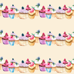 Watercolor seamless pattern. Seamless border design with cupcakes on a beige background. Seamless border made of sweet desserts