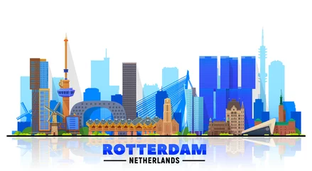 Foto op Plexiglas Rotterdam De skyline van Rotterdam Nederland met panorama op witte achtergrond. Vectorillustratie. Zakelijk reizen en toerisme concept met moderne gebouwen. Afbeelding voor banner of website